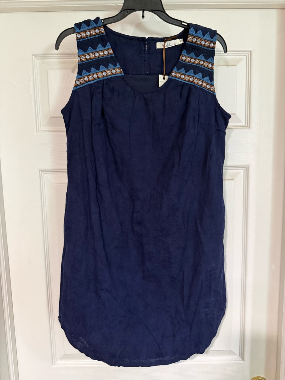 Solitaire Navy Cotton Embroidered Yoke Mini Dress